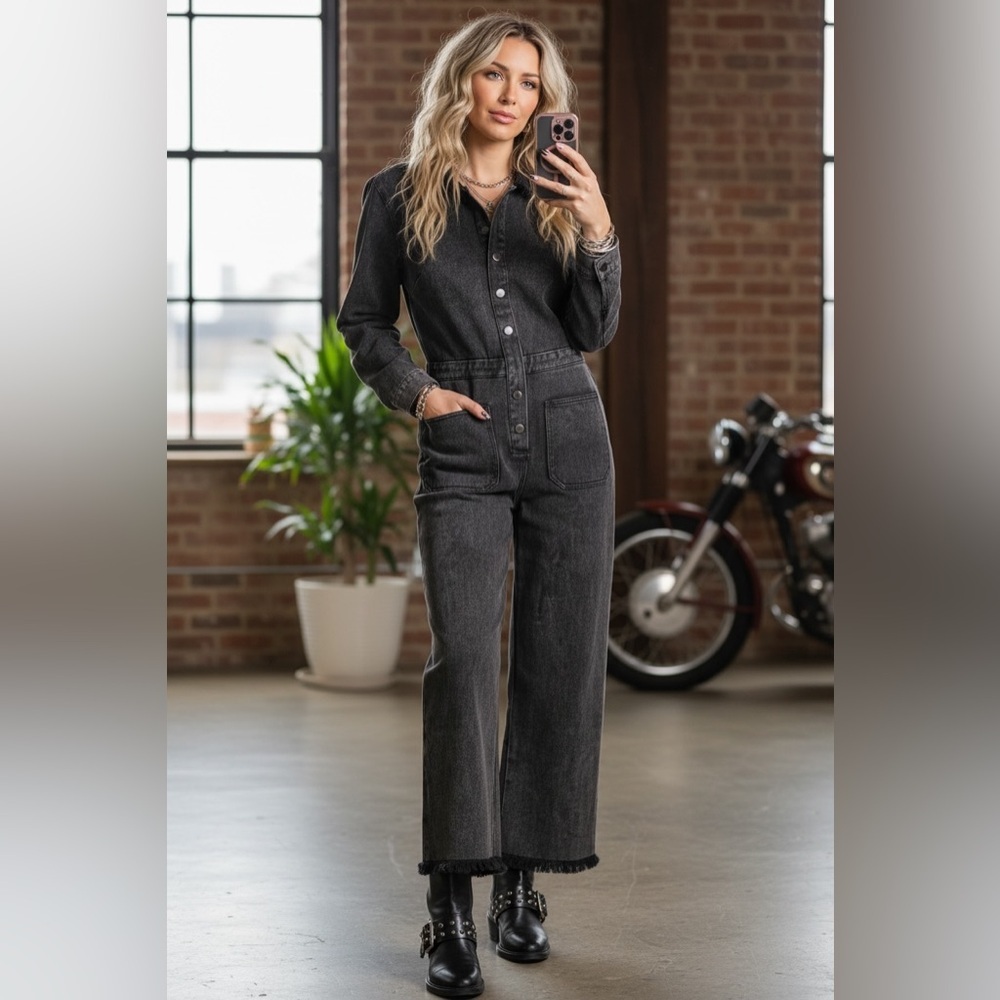 NWT UMGEE Washed Denim Black Frayed Hem Button Down Utility Jumpsuit Coveralls - Picture 6 of 6